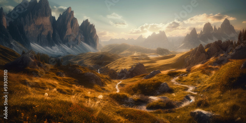 Dolomites landscape, fantastic mountains, wallpaper, Generative Ai