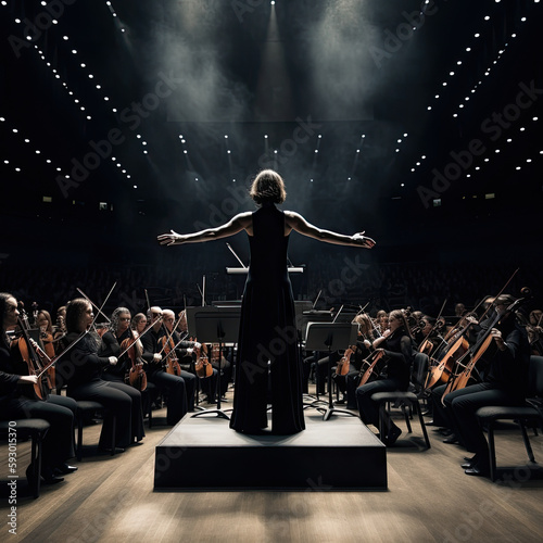 a woman in a black dress standing on a stage with her arms outstretched to the side, surrounded by orchestra members. Dramatic Female Conductor Leading Modern Symphony Orchestra - Generative AI photo