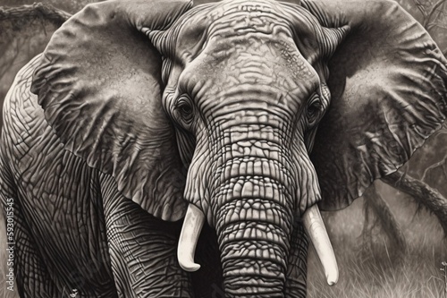 illustration of a powerful elephant in black and white created with Generative AI technology