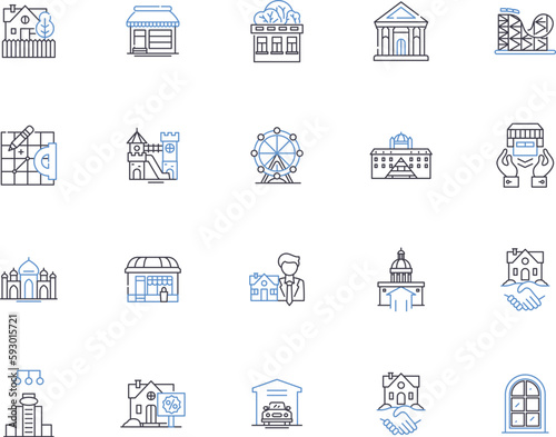 Urban design outline icons collection. Urban, Design, Streetscape, Planning, Landscape, Architecture, Infrastructure vector and illustration concept set. Facade, Community, Civic linear signs