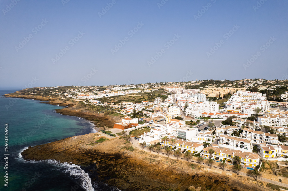 Aerial from Luz at the south coast in the Algarve Portugal in Lagos