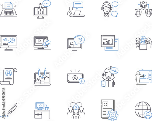 Product launch outline icons collection. Product, Launch, Release, Rollout, Unveil, Debut, Introduce vector and illustration concept set. Market, Promote, Brand linear signs