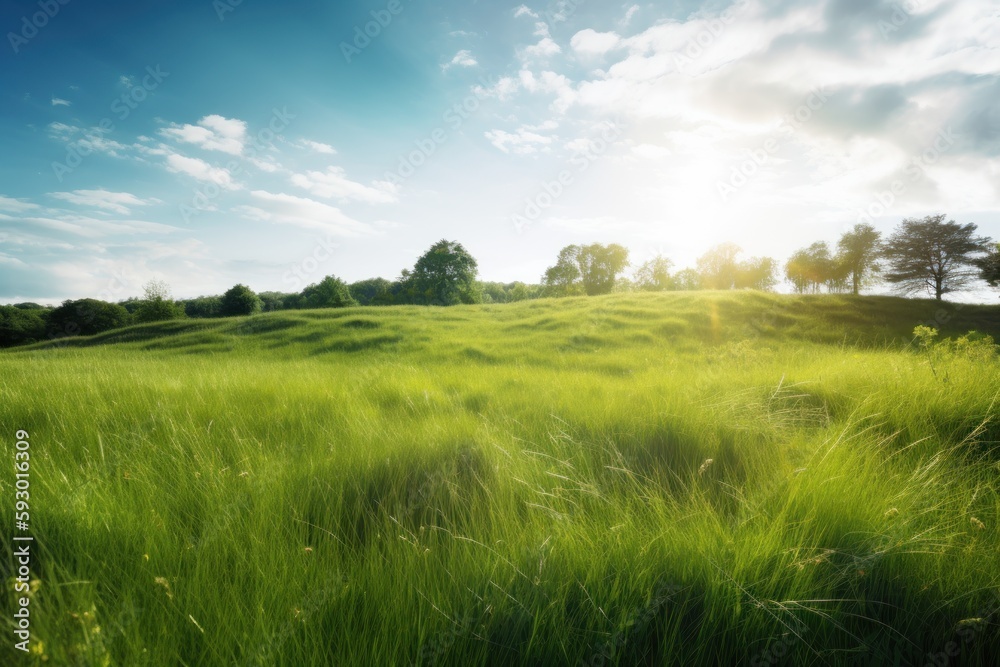 Serene Green Meadow with a Backdrop of Clear Blue Sky and Sunlight - Generative AI Serene Green Meadow with a Backdrop of Clear Blue Sky and Sunlight - Generative AI