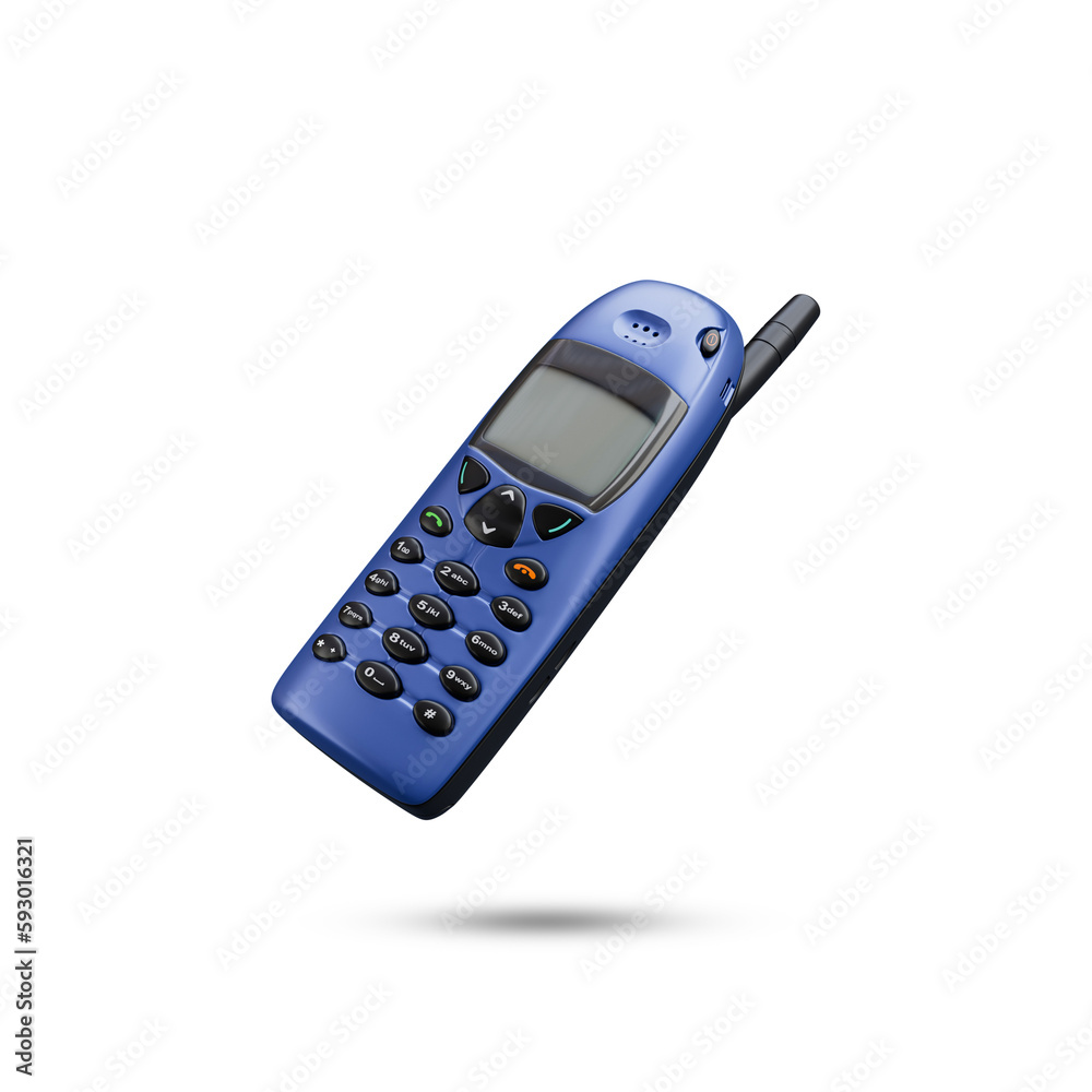 Nokia  6110 Mobile phone from 1997. This is an old vintage and retro mobile phone. A blue cell phone with a black antenna on the top.