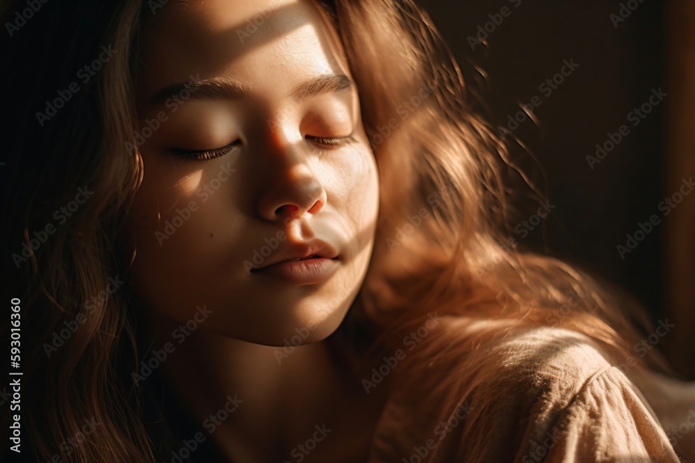 young woman with closed eyes enjoys the sun rays on her face created with Generative AI technology young woman with closed eyes enjoys the sun rays on her face created with Generative AI technology