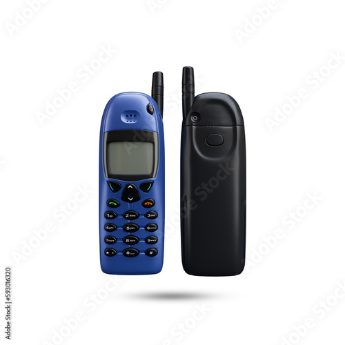 Nokia  6110 Mobile phone from 1997. This is an old vintage and retro mobile phone. A blue cell phone with a black antenna on the top.