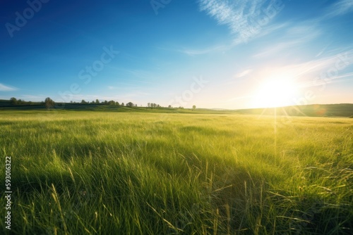 Idyllic Scenery: Green Grass Field Against a Sunlit Blue Sky - Generative AI