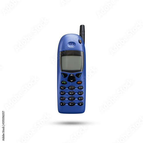 Nokia  6110 Mobile phone from 1997. This is an old vintage and retro mobile phone. A blue cell phone with a black antenna on the top.