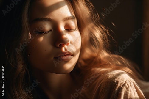 young woman with closed eyes enjoys the sun rays on her face created with Generative AI technology