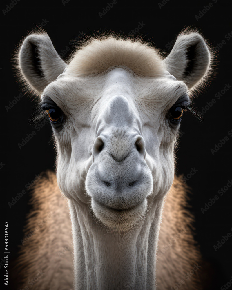 Generated photorealistic close-up portrait of a wild camel