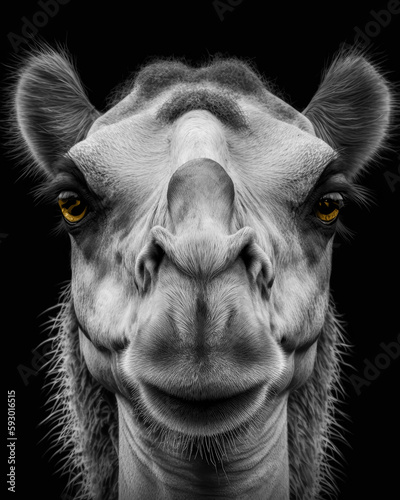 Generated photorealistic close-up portrait of a red camel with yellow eyes in black and white © Evgeniya Fedorova