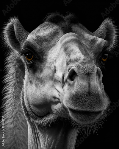 Generated photorealistic close-up portrait of a wild camel in profile in black and white format © Evgeniya Fedorova
