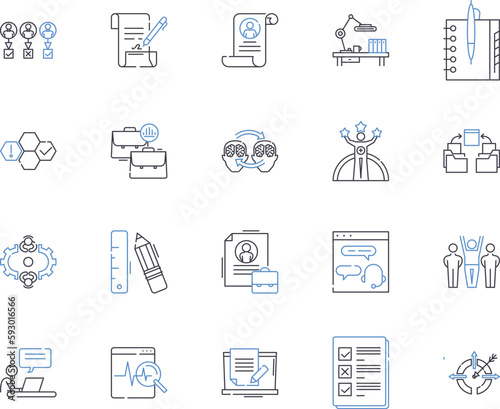 Office and managers outline icons collection. Office, Managers, Supplies, Employees, Documents, Organization, Technology vector and illustration concept set. Chairs, Desks, Administration linear signs