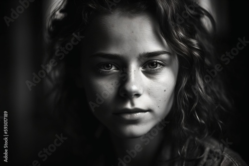 young girl with long wavy hair and slight smile on lips created with Generative AI technology