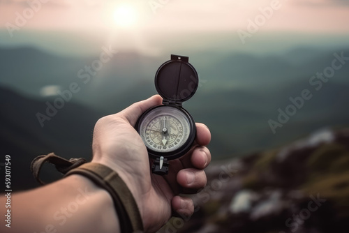 Compass and map in hands of traveler for checking and searching position and direction at the top of peak of mountain while hiking for camping