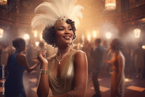 Roaring 20's African American flapper girl in a bar 