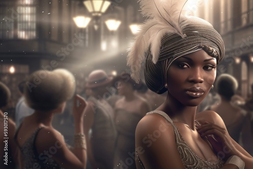 Roaring 20's African American flapper girl in a bar created with generative ai photo