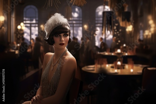 Roaring 20's brunette flapper girl in a bar created with generative ai photo