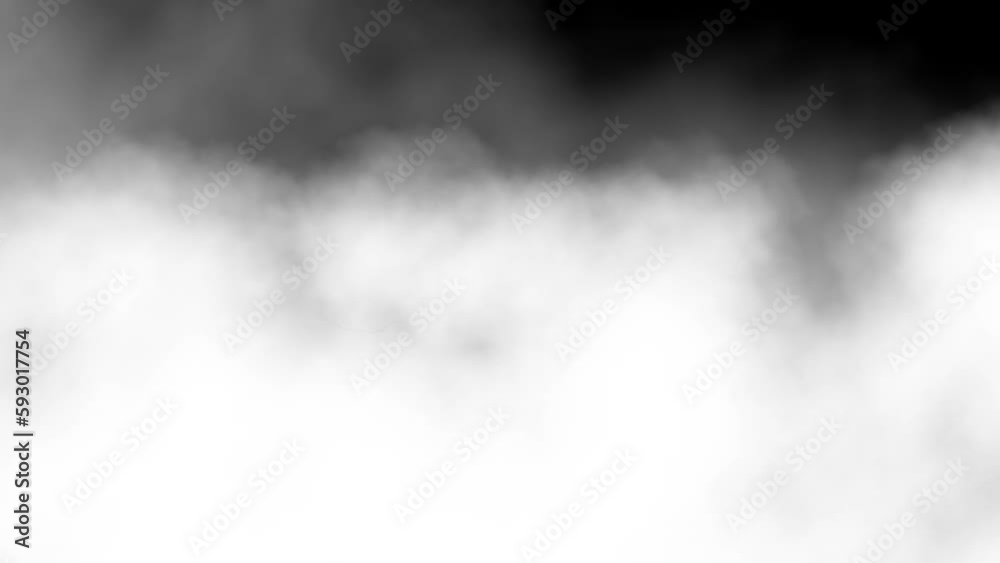 Flying through white fluffy clouds on black background. Abstract background. Motion graphic.