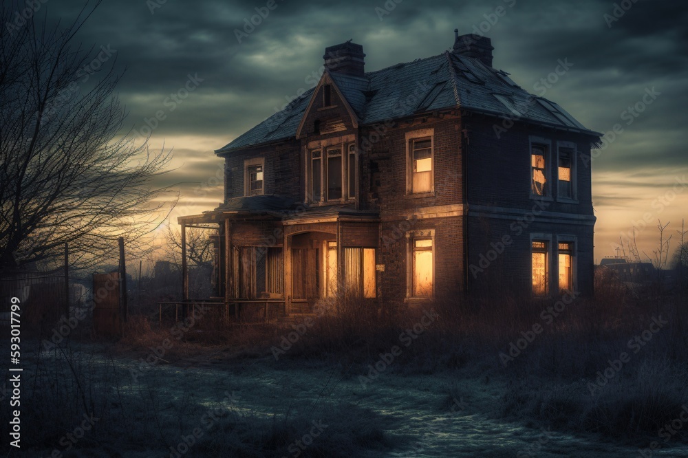 brick house with damaged roof, light leaking from the windows created with Generative AI technology brick house with damaged roof, light leaking from the windows created with Generative AI technology