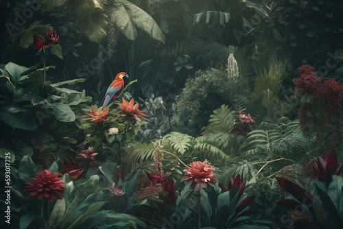 tropical forest background, animals, tropical plants and flowers, ai. Generative AI