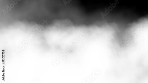 Flying through white fluffy clouds on black background. Abstract background. Motion graphic.