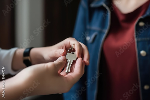 Young woman received house keys from real estate agent, new house, accommodation tenancy rental service concept
