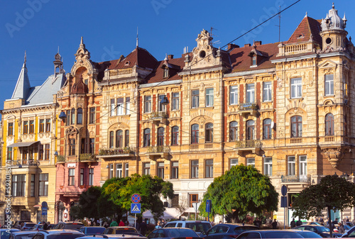 Lvov. Beautiful facades of old houses in the city center.