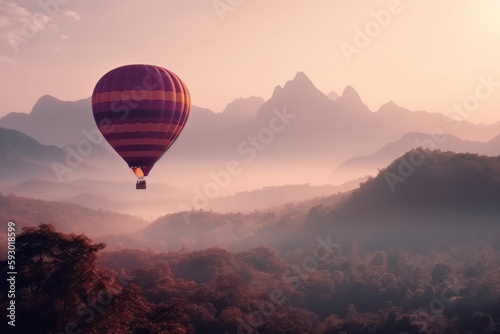 Hot air balloon over misty mountain peaks at sunset. Travel industry concept. Generative AI. © _Danoz