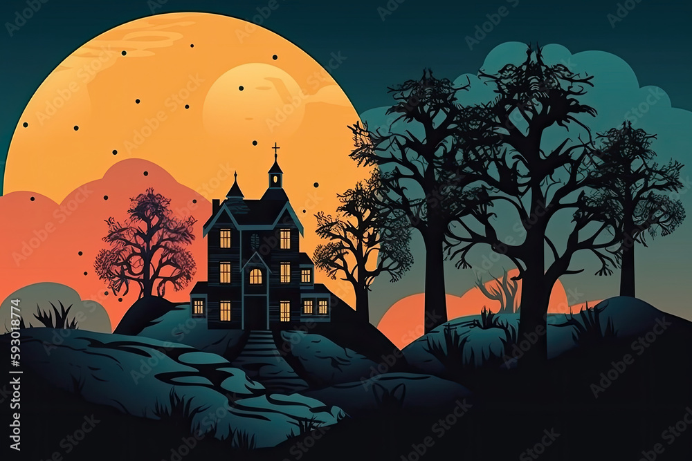 a haunted house in front of a full moon with bats flying over the roof and trees at night illustration. Generative AI