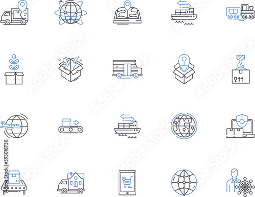 Supply chain outline icons collection. Logistics, Management, Optimization, Supply, Chain, Distribution, Tracking vector and illustration concept set. Warehouse, Inventory, Forecasting linear signs