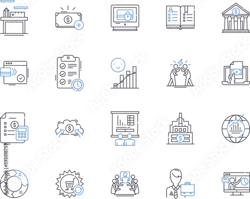 Bank and finance outline icons collection. Bank, Finance, Loan, Mortgage, Investment, Credit, Savings vector and illustration concept set. Capital, Debit, Assets linear signs