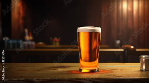 A glass of beer on the table of a beer bar. Generative Ai