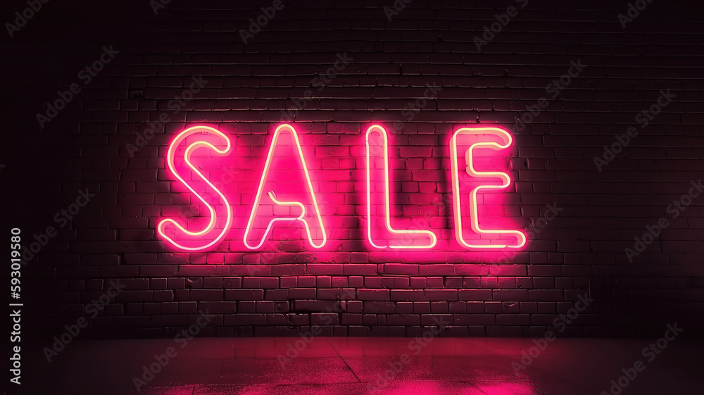 Sale background. Neon pink inscription SALE on a dark brick wall. Generative Ai Sale background. Neon pink inscription SALE on a dark brick wall. Generative Ai