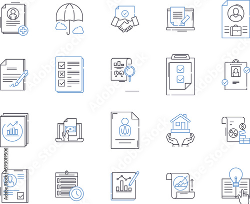 Insurance and law outline icons collection. Insurance, Law, Coverage, Liability, Claims, Risk, Fraud vector and illustration concept set. Legal, Regulation, Benefits linear signs