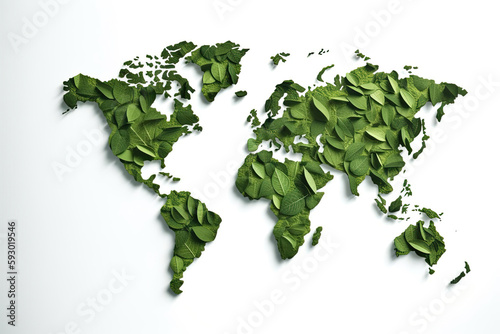 the world map made out of green leaves, on a white background with space for your text or image stock photo. Generative AI