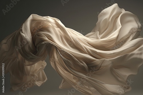 Beautiful beige material floating in the air, dynamic abstract backdrop, fly fabric. Generative AI