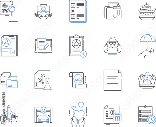Insurance and laegal outline icons collection. Insurance, Legal, Coverage, Claims, Liability, Risk, Compliance vector and illustration concept set. Contract, Lawyer, Litigation linear signs