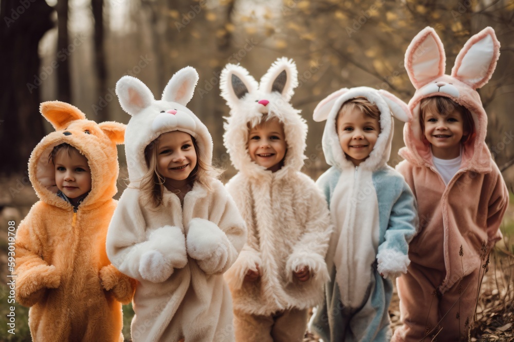 five little children in cute easter bunny costumes created with Generative AI technology five little children in cute easter bunny costumes created with Generative AI technology