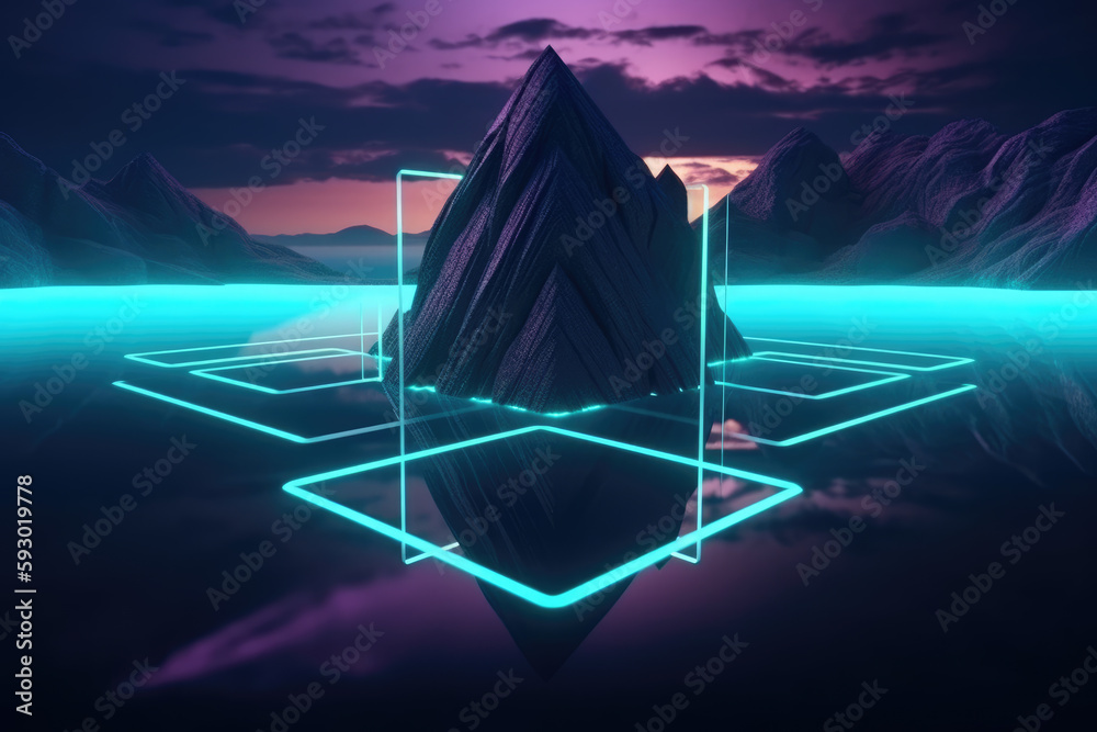 3d render, abstract neon background with rhombus geometric shape ...