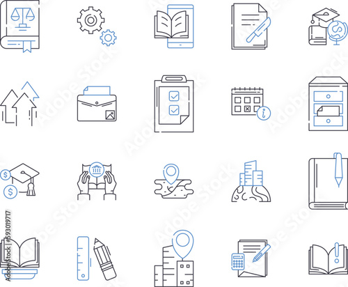 Knowledge management outline icons collection. Knowledge, Management, Storage, Sharing, Synthesis, Creation, Acquisition vector and illustration concept set. Analysis, Organization, Classification