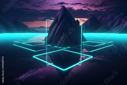 3d render  abstract neon background with rhombus geometric shape  square frame and extraterrestrial landscape under the night sky. Rocks and water reflection. Futuristic minimalist wallpaper