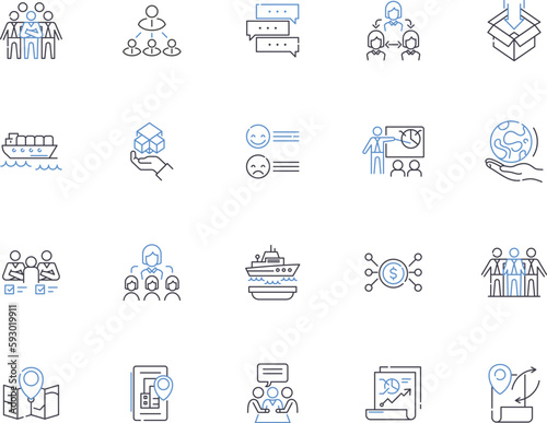 Distribution outline icons collection. Distribution, Spread, Allocation, Dissemination, Circulation, Partition, Shipment vector and illustration concept set. Delivery, Dispersal, Sharing linear signs photo