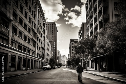 man walks through the empty streets between tall apartment buildings created with Generative AI technology © StockMedia
