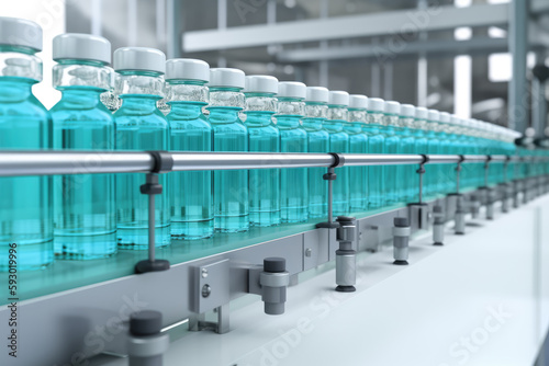 3d render. Pharmaceutical manufacture background with glass bottles with clear liquid on automatic conveyor line