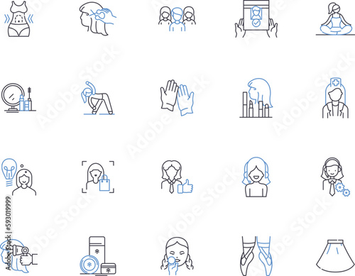 Women business outline icons collection. Female, Entrepreneurs, Moguls, Executives, Professionals, Managers, Leaders vector and illustration concept set. Ownership, Startups, Finance linear signs