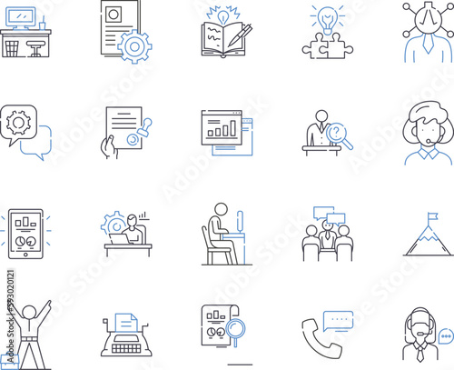 Wirking and career outline icons collection. Work, Career, Job, Professional, Employment, Advancement, Promotion vector and illustration concept set. Pursuit, Pursue, Growth linear signs