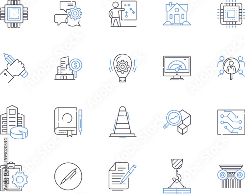 Engineering tools outline icons collection. Tools, Engineering, Instrument, Drill, Wrench, Saw, Screwdriver vector and illustration concept set. Cement, Hammer, Clamp linear signs