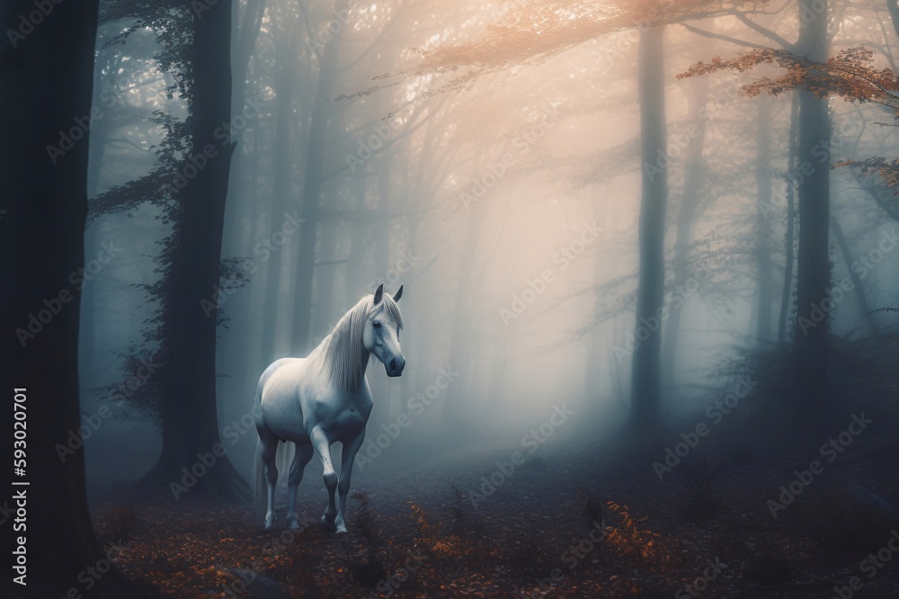 magical white horse comes out of a misty forest created with Generative AI technology