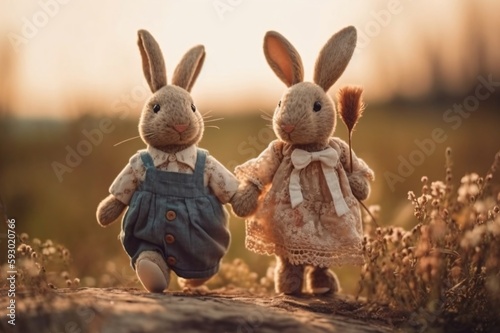 cute pair of rabbits walking hand in hand down a dirt road created with Generative AI technology